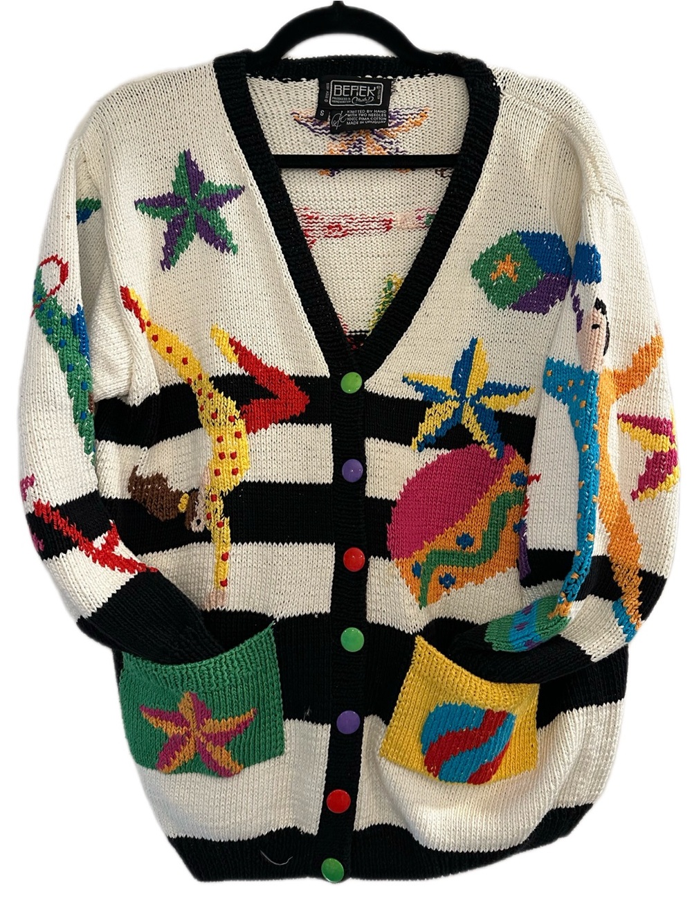Excellent Berek Cream Black Multicolor Circus Motif Button-Up Cardigan 90s